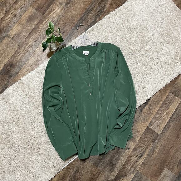 J.crew Large Gatlin Green Elegant Popover Henley Sleek Pleated Placket Blouse - Picture 2 of 8